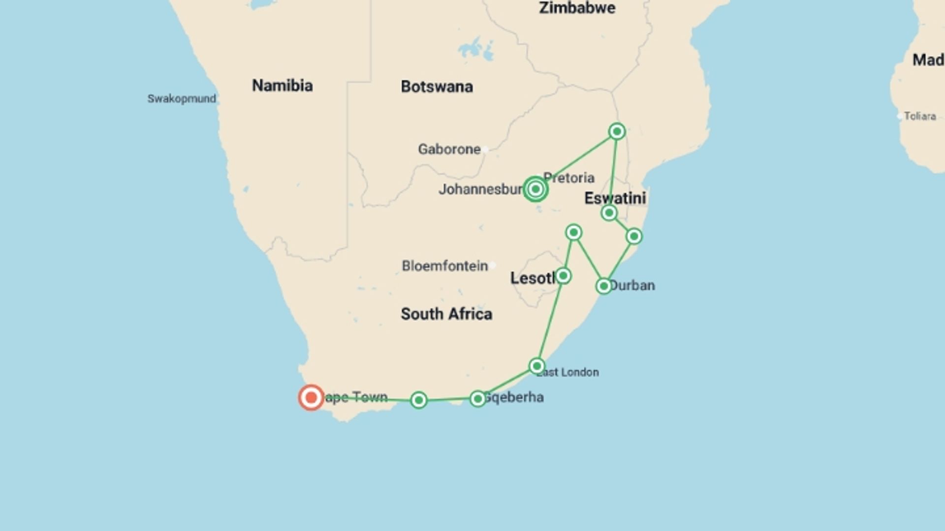 A map showing the tour itinerary for the trip: Best of South Africa, starting in Johannesburg, South Africa and ending in Cape Town, South Africa going through 9 other destinations.