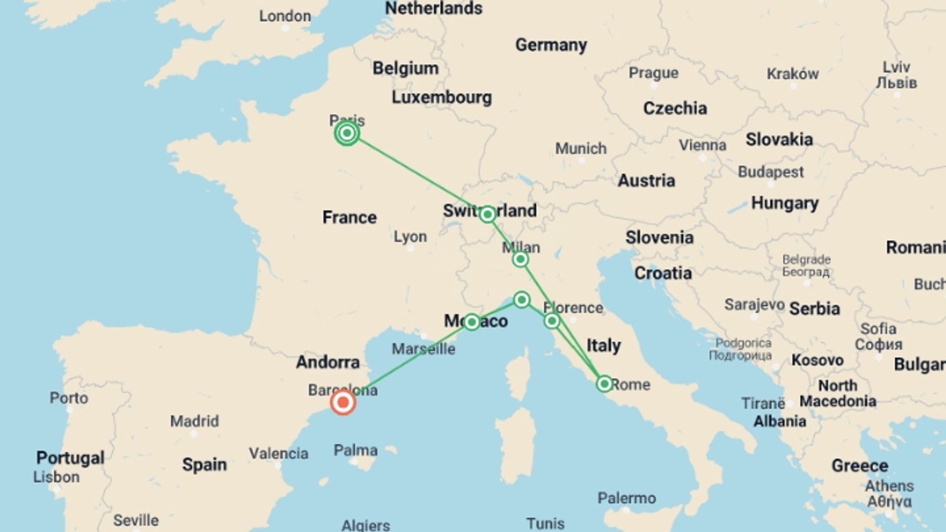 A map showing the tour itinerary for the trip: Paris to Barcelona: Tapas & Train Rides, starting in Paris, France and ending in Barcelona, Spain going through 4 other destinations.