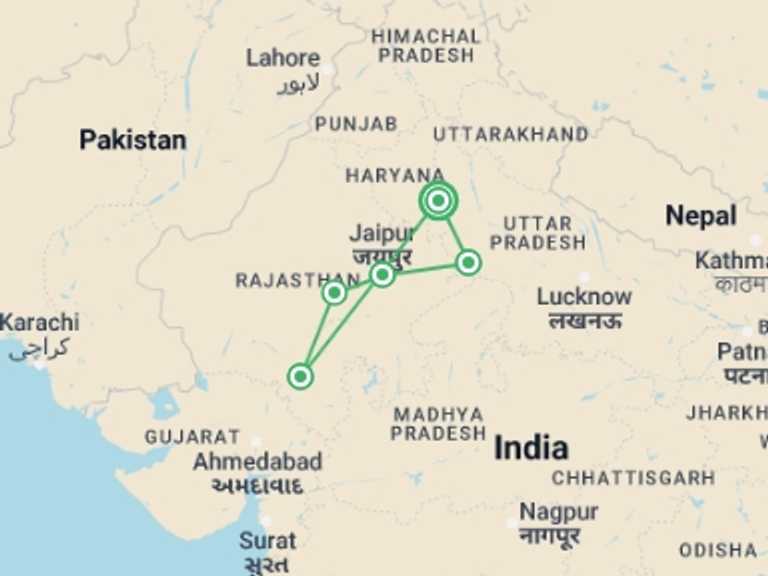 Map of 9-Day New Delhi Tour with 5 destination visits for the trip: Majestic India