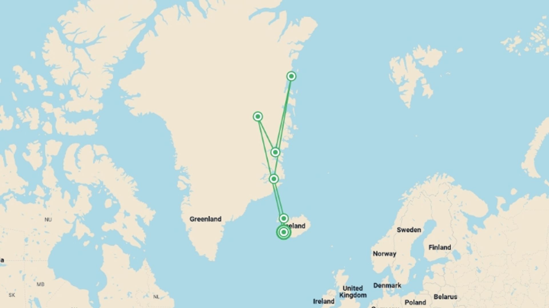 A map showing the tour itinerary for the trip: Under the Northern Lights: Exploring Iceland & East Greenland, starting in Reykjavik, Iceland and ending in Reykjavik, Iceland going through 4 other destinations.