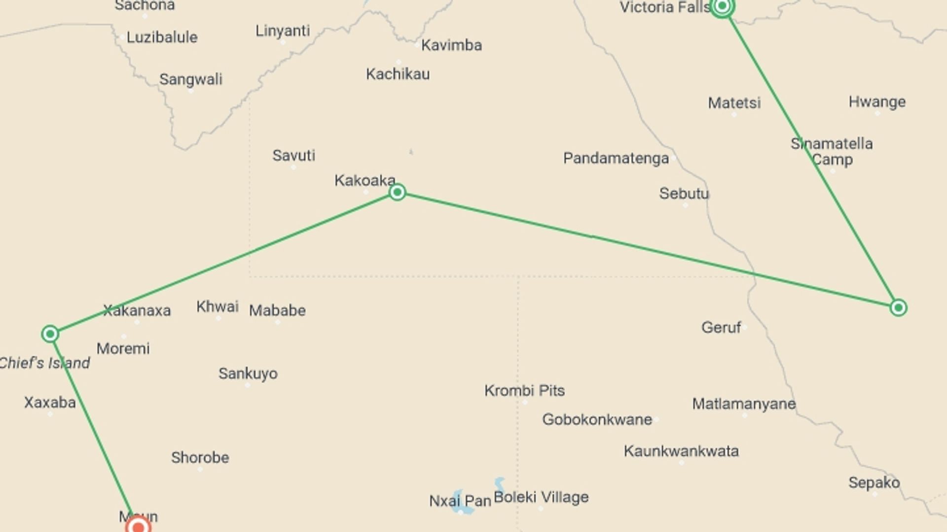 A map showing the tour itinerary for the trip: Journeys: Botswana & Zimbabwe Safari, starting in Victoria Falls, Zimbabwe and ending in Maun, Botswana going through 3 other destinations.