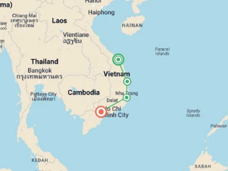 Map of Ho Chi Minh City Beach Tour with 4 destination visits for the trip: Vietnam Adventure: Hoi An, Beaches & Ho Chi Minh City