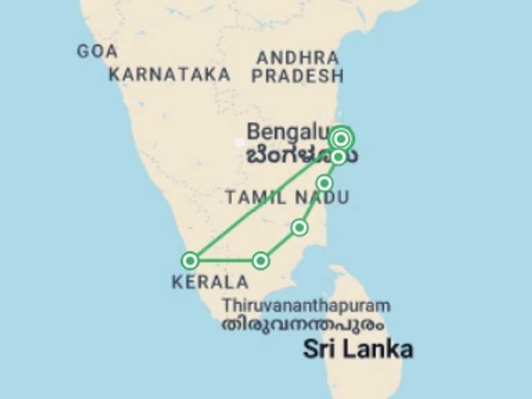 Map of Asia Tour with 6 destination visits for the trip: Chennai to Kochi - 9 days