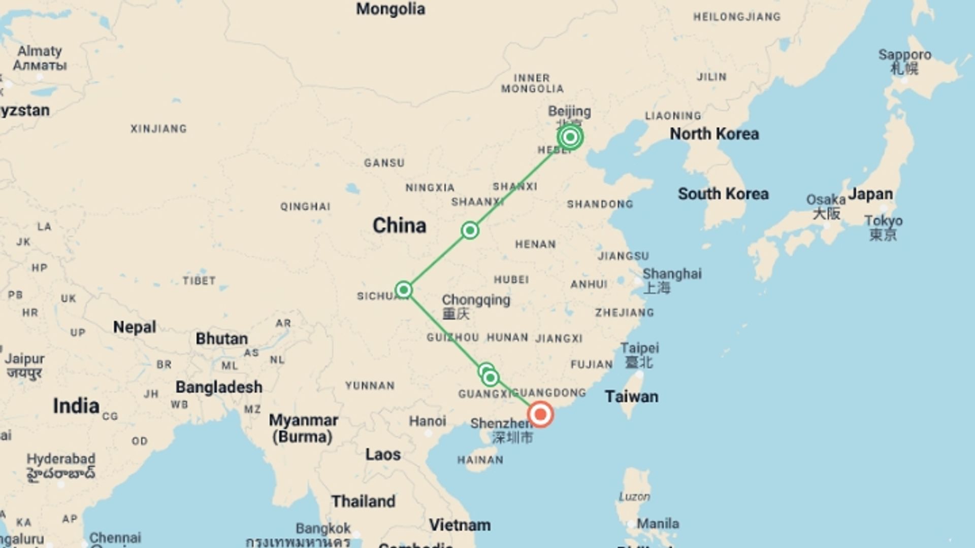 A map showing the tour itinerary for the trip: Real China Highlights, starting in Beijing, China and ending in Hong Kong, Hong Kong going through 4 other destinations.