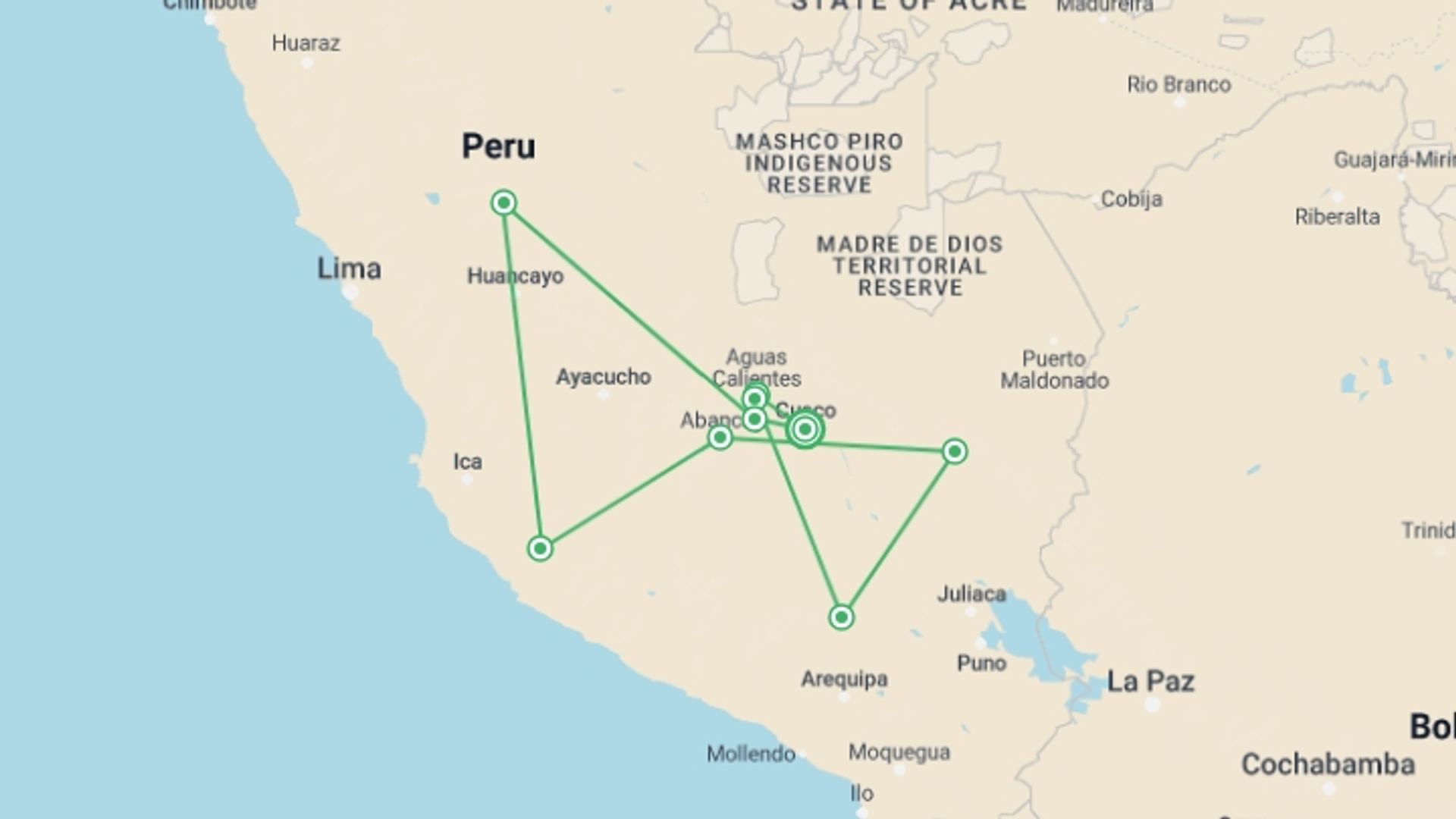 A map showing the tour itinerary for the trip: Seven-day Salkantay Trek & Inca Trail to Machu Picchu , starting in Cusco, Peru and ending in Cusco, Peru going through 6 other destinations.