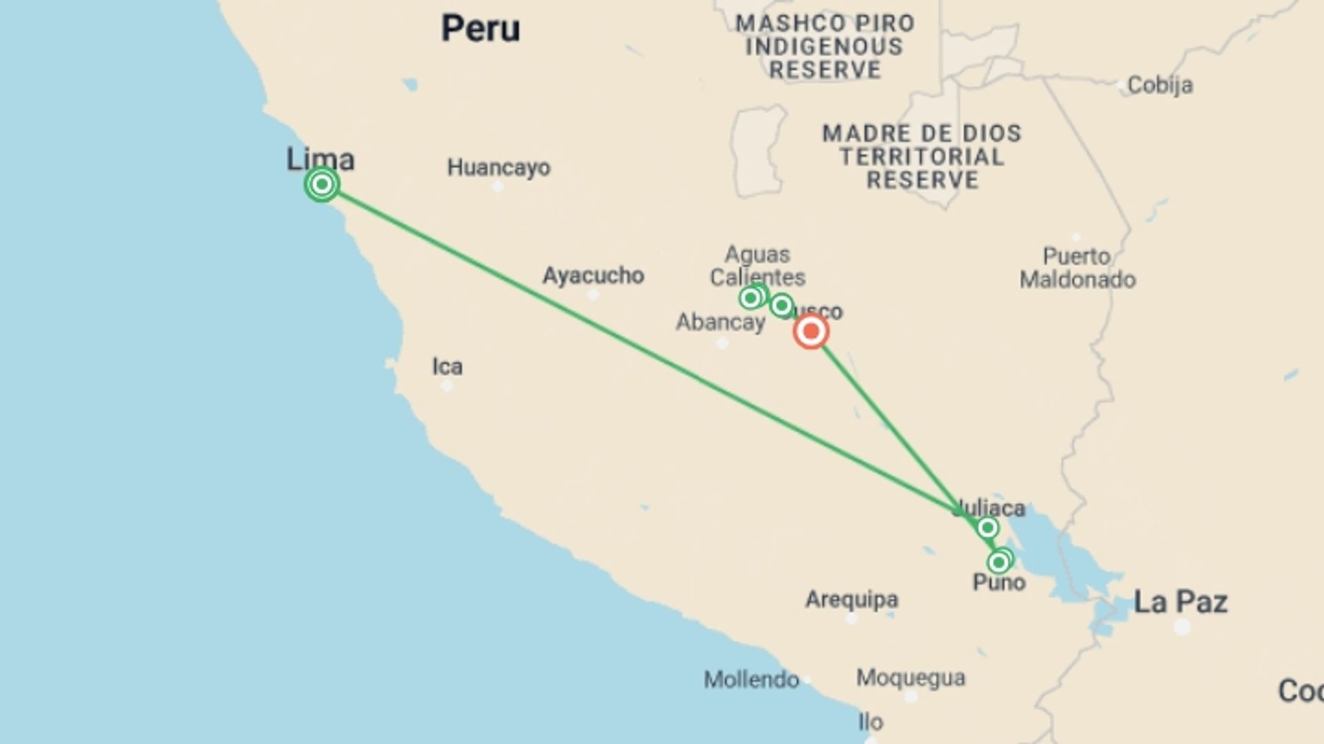 A map showing the tour itinerary for the trip: Walk Peru's Inca Trail and Palccoyo Rainbow Mountain, starting in Lima, Peru and ending in Cusco, Peru going through 6 other destinations.