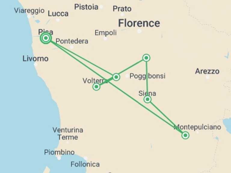 Map of a Wine tasting Tour with 6 destination visits for the trip: A Taste of Tuscany - Hilltop Towns and Vineyards