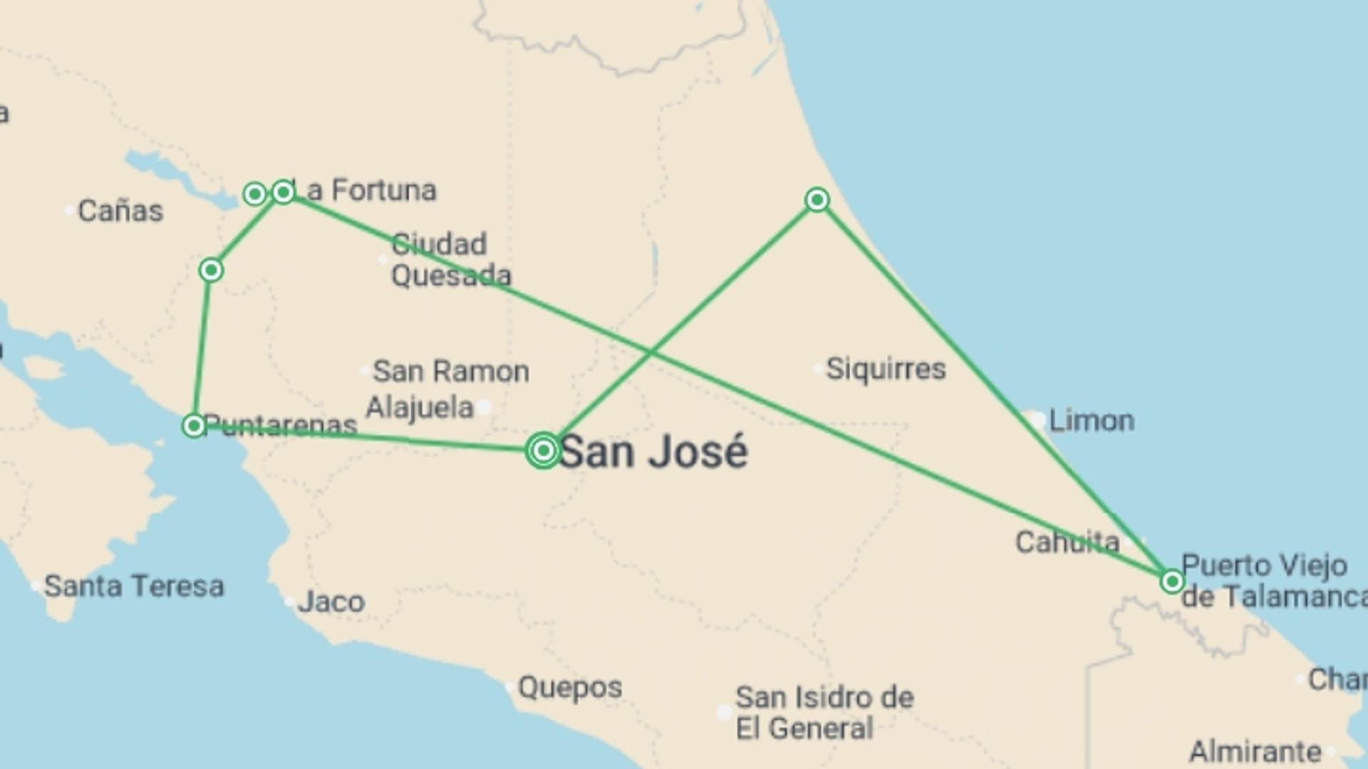 A map showing the tour itinerary for the trip: Full Costa Rica Explorer 14D/13N, starting in San Jose, Costa Rica and ending in San Jose, Costa Rica going through 5 other destinations.