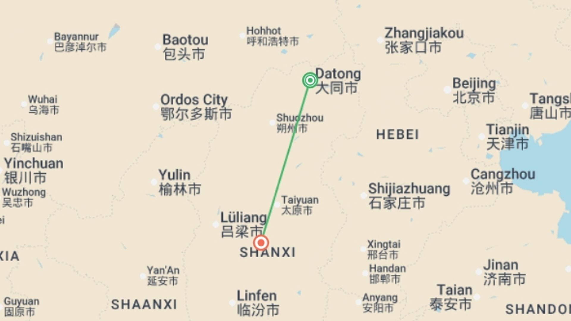 A map showing the tour itinerary for the trip: Datong & Pingyao Break (Standard) - 4 days, starting in Datong, China and ending in Pingyao, China going through 0 other destinations.