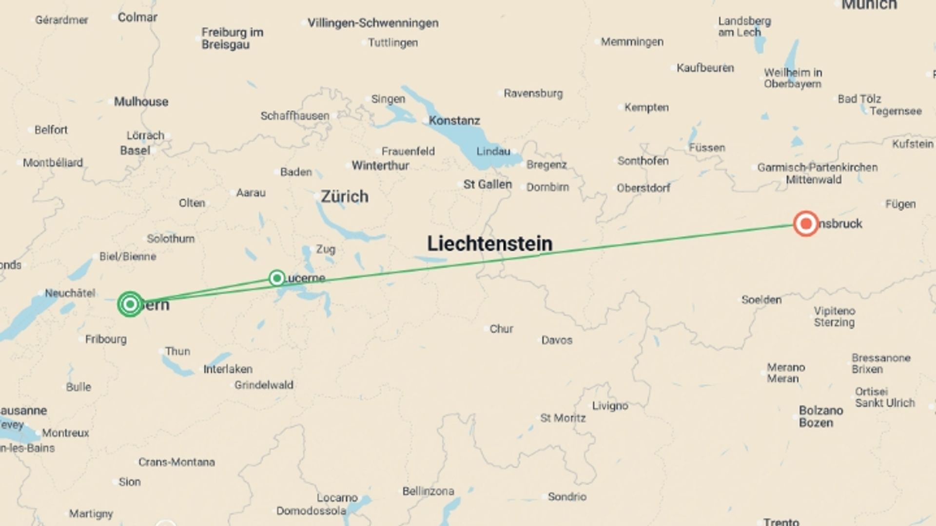A map showing the tour itinerary for the trip: Discover Switzerland, Austria & Bavaria , starting in Bern, Switzerland and ending in Innsbruck, Austria going through 2 other destinations.