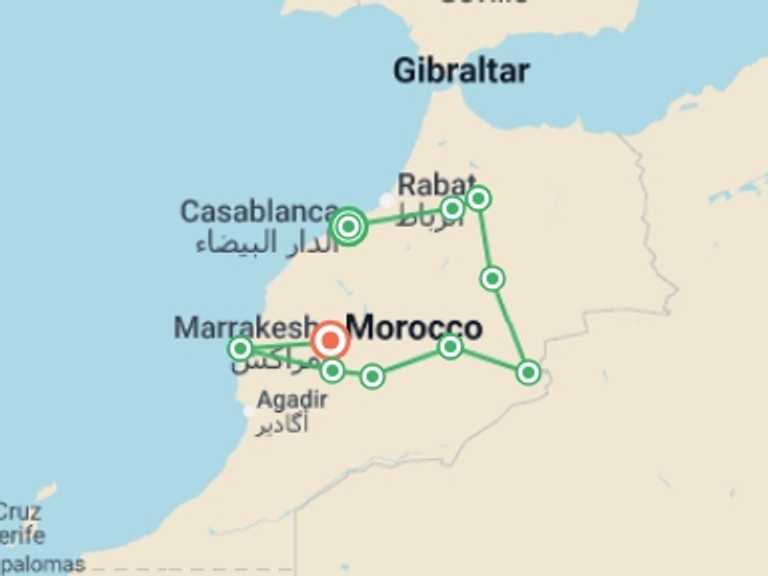 Map of a Art and architecture Tour with 10 destination visits for the trip: Best of Morocco