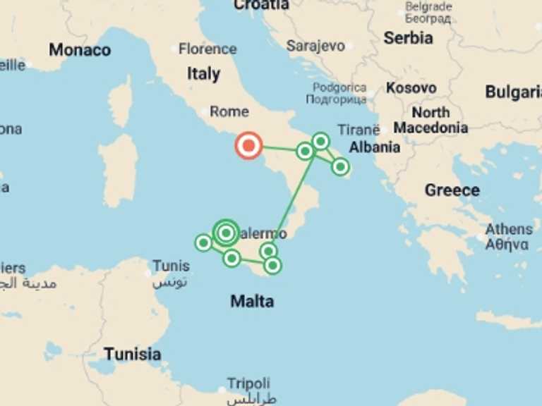 Map itinerary of Naples Tour in August 2026 with 9 destination visits for the trip: Premium Sicily and Puglia