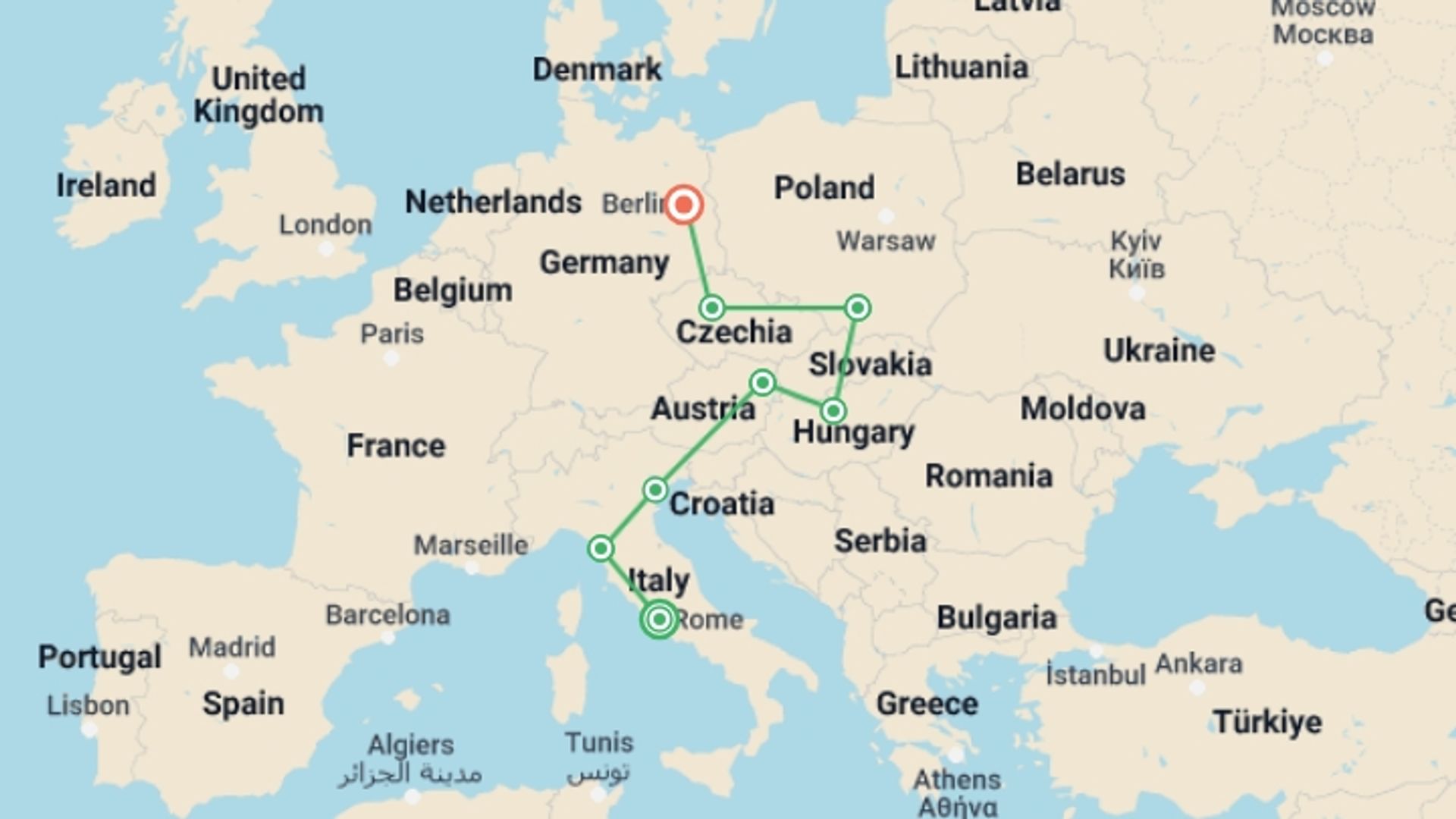 A map showing the tour itinerary for the trip: Rome to Berlin: Piazzas, Prague & the Past, starting in Rome, Italy and ending in Berlin, Germany going through 6 other destinations.