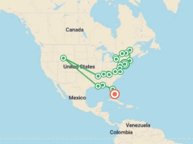 Map itinerary of Canada Tour in August 2026 with 16 destination visits for the trip: New York to Miami - 20 days