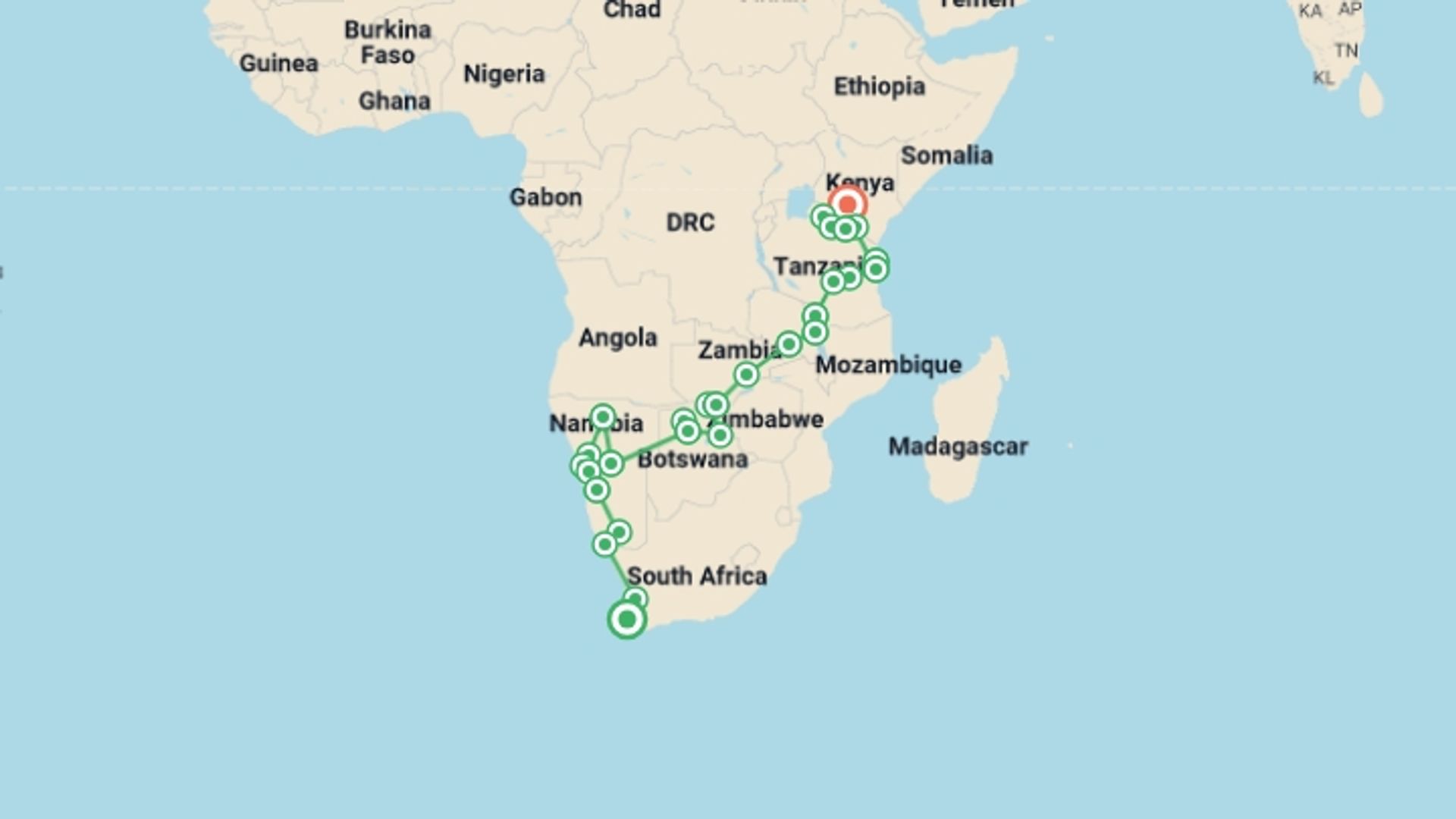 A map showing the tour itinerary for the trip: 41-day Cape Town to Kenya Accommodated, starting in Cape Town, South Africa and ending in Nairobi, Kenya going through 28 other destinations.