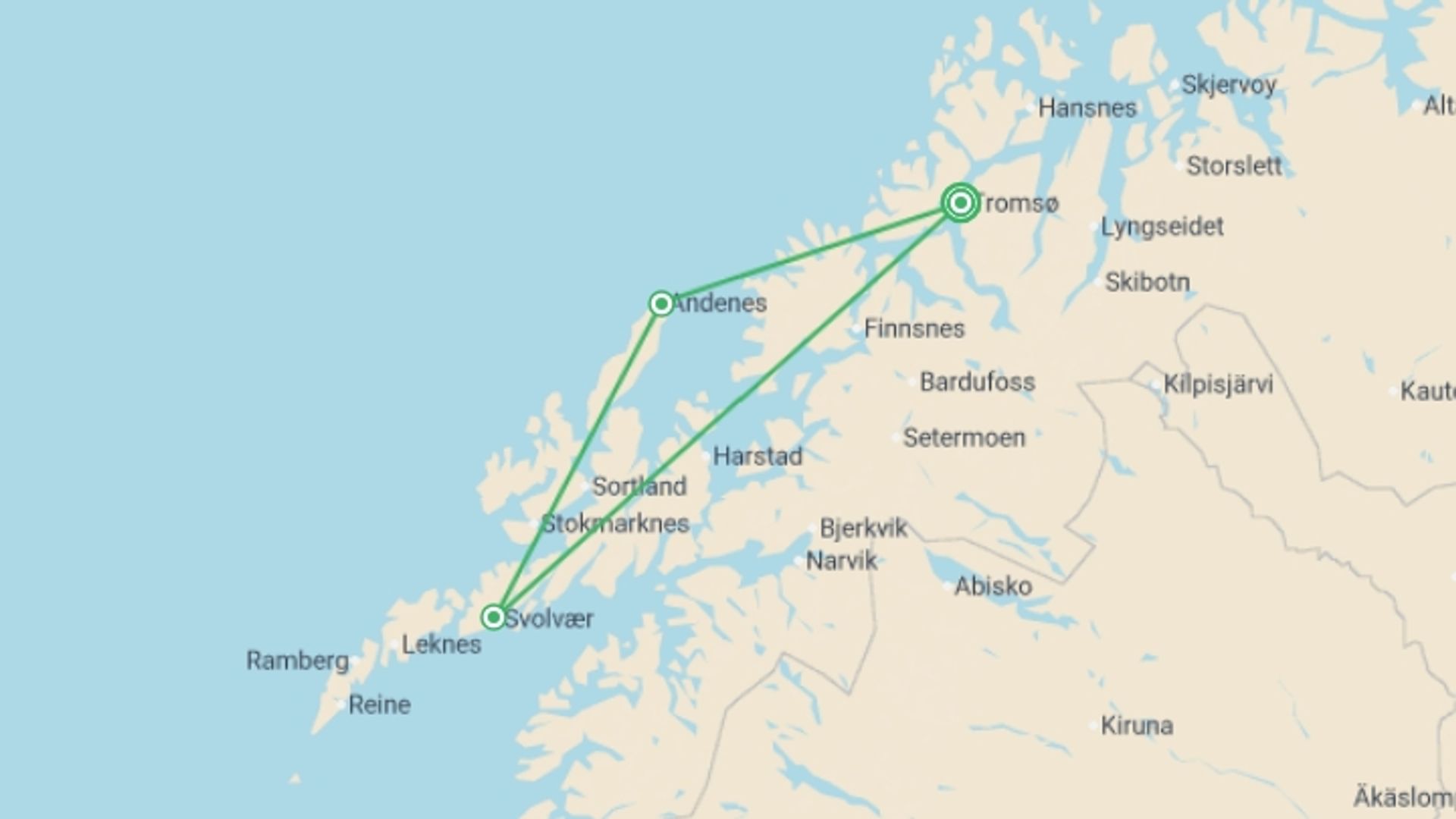 A map showing the tour itinerary for the trip: Highlights of Tromso & Lofoten - 7 days, starting in Tromso, Norway and ending in Tromso, Norway going through 2 other destinations.