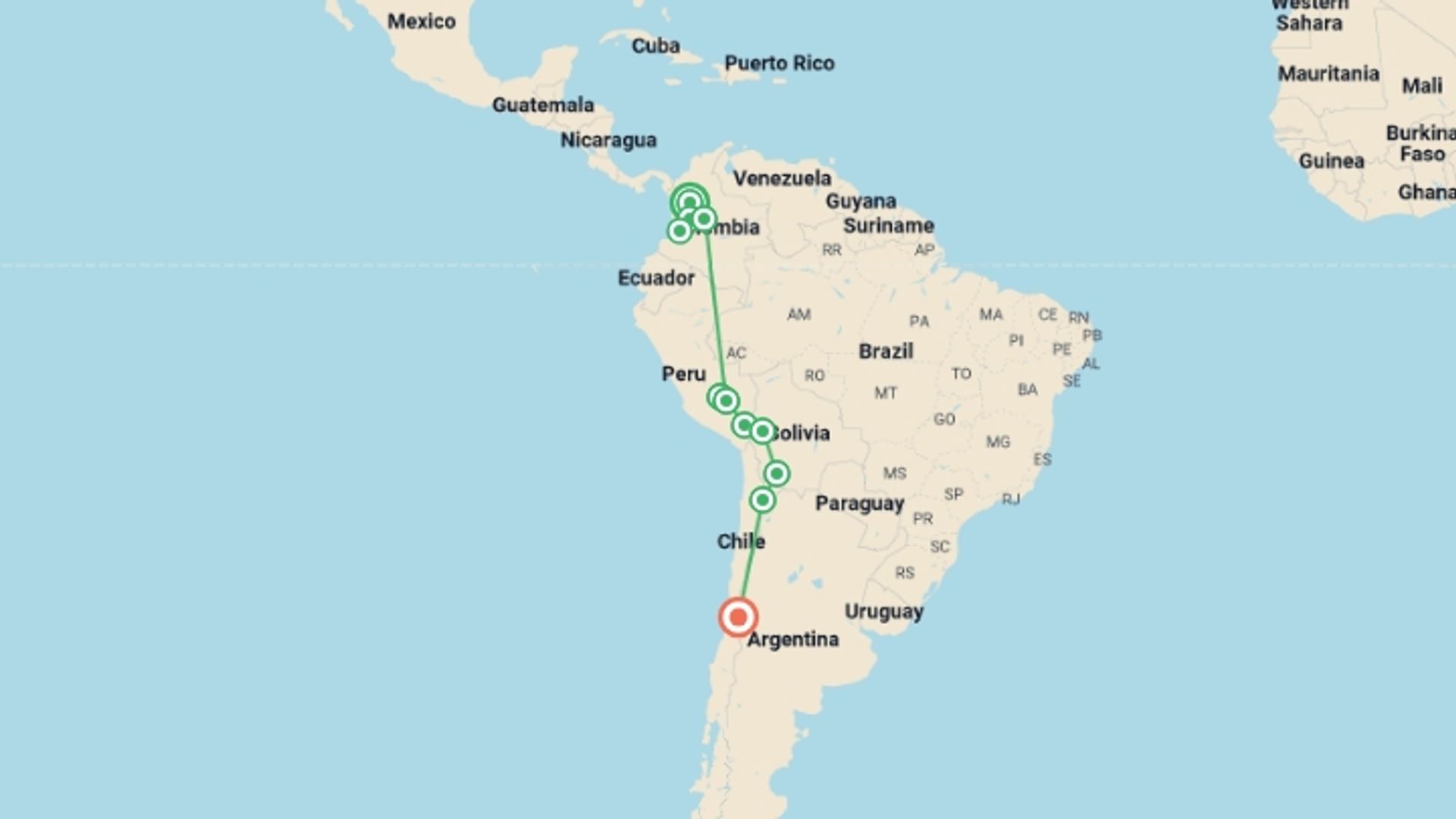 A map showing the tour itinerary for the trip: Essential Colombia to Chile - 21 days, starting in Medellin, Colombia and ending in Santiago, Cape verde going through 10 other destinations.