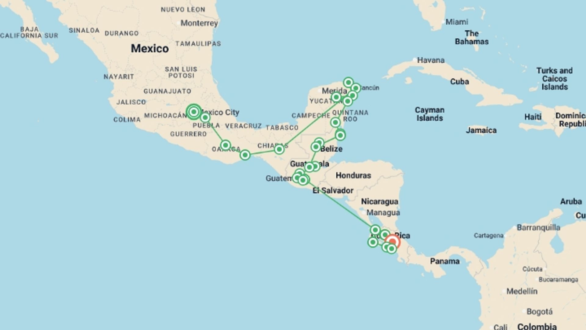 A map showing the tour itinerary for the trip: EPIC CENTRAL AMERICA 40 DAYS, starting in Mexico City, Mexico and ending in San Jose, Costa Rica going through 25 other destinations.