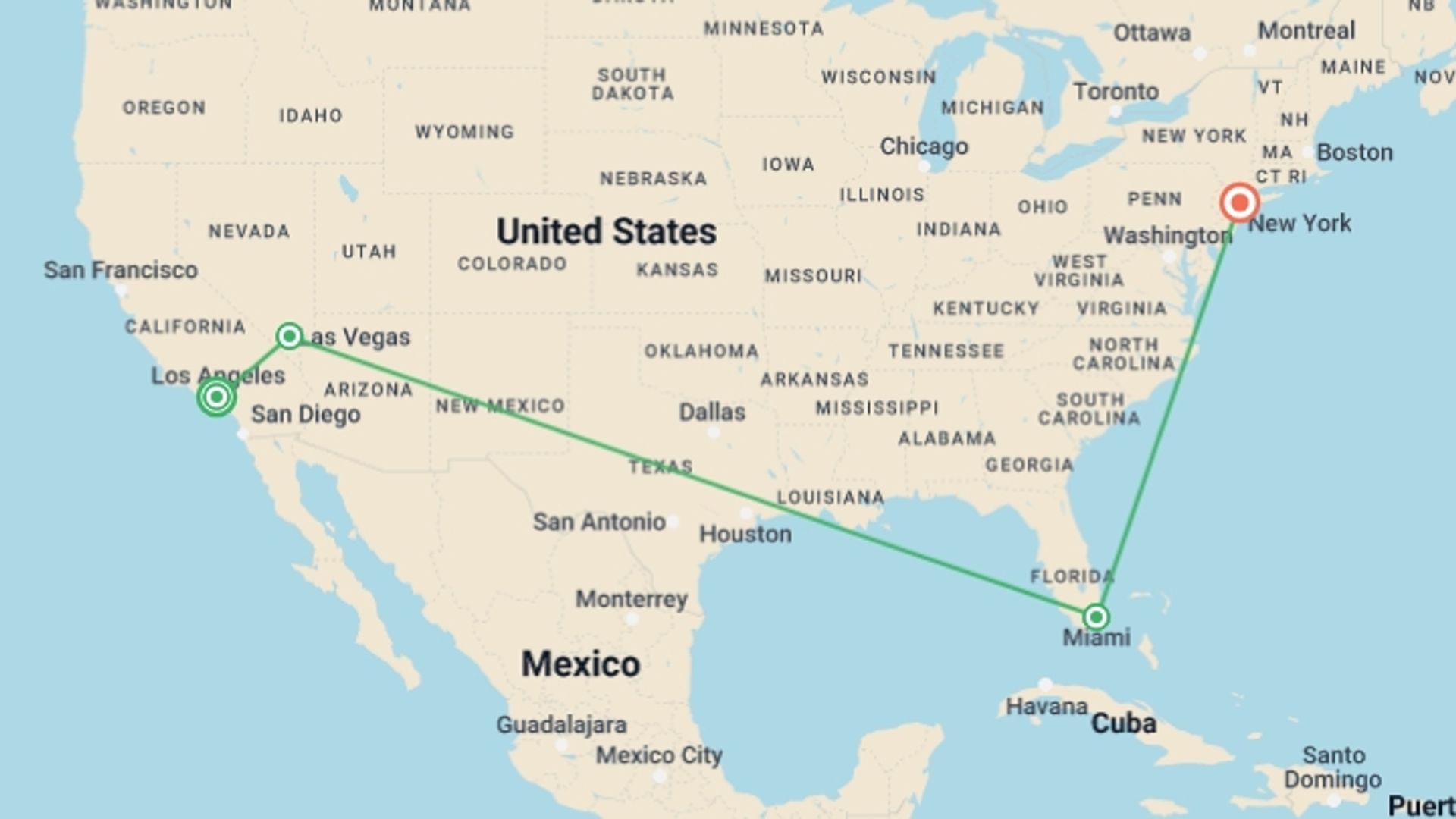 A map showing the tour itinerary for the trip: Best of USA, starting in Los Angeles, USA and ending in New York, USA going through 2 other destinations.