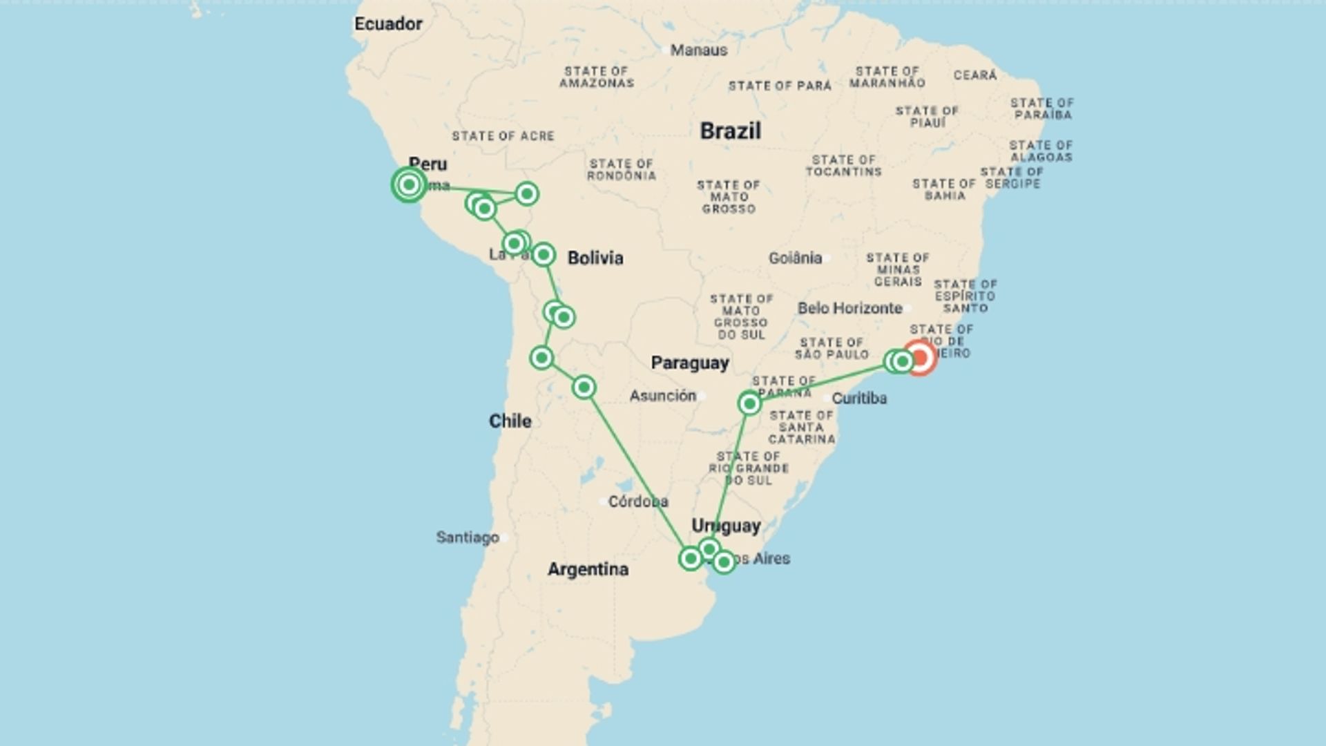 A map showing the tour itinerary for the trip: Epic South America, starting in Lima, Peru and ending in Rio de Janeiro, Brazil going through 18 other destinations.