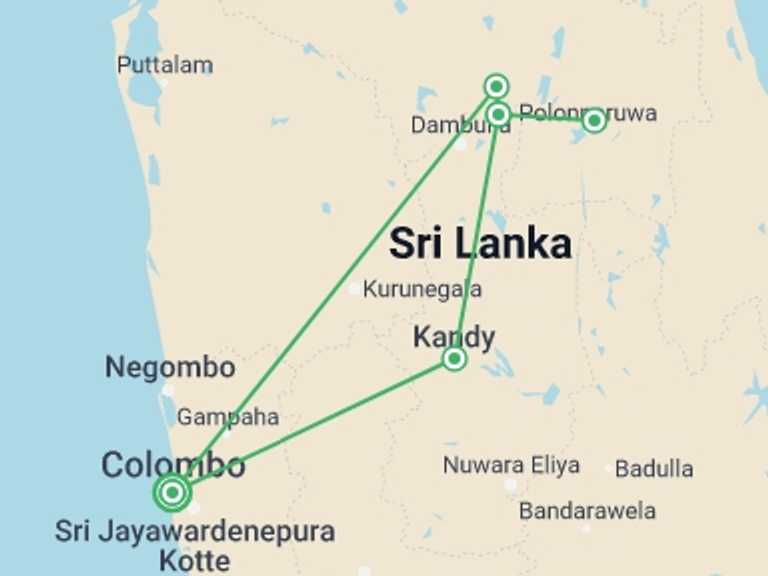 Map itinerary of Sri Lanka Tour in September 2026 with 3 destination visits for the trip: Splendors Of Sri Lanka