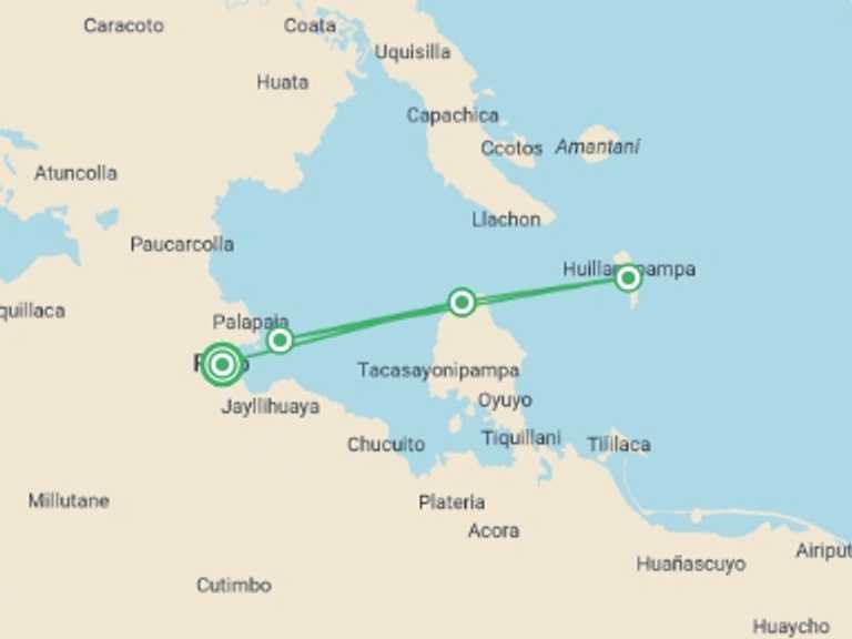 Map of a Adventure and sport Tour with 2 destination visits for the trip: 3-day Private Lake Titicaca Community Experience: Luquina, Uros & Taquile