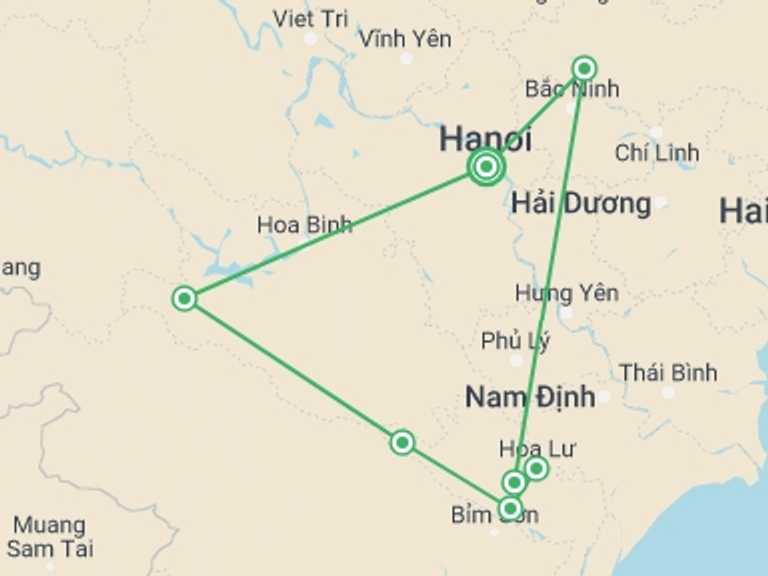 Map of Hanoi Bicycle Tour with 3 destination visits for the trip: Cycling North Vietnam 4 Days 3 Nights