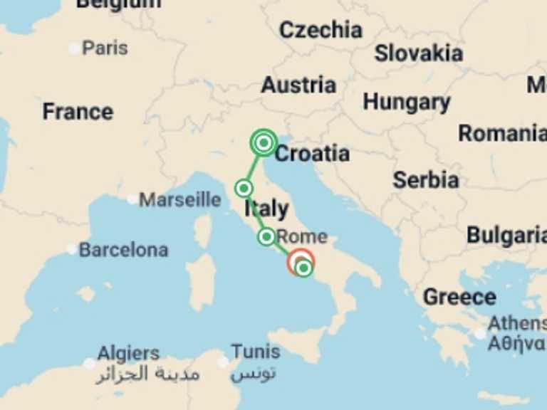 Map itinerary of Italy Tour in June 2026 with 5 destination visits for the trip: Italy Highlights By Train: Venice, Florence, Rome & Sorrento Semi-private Tour