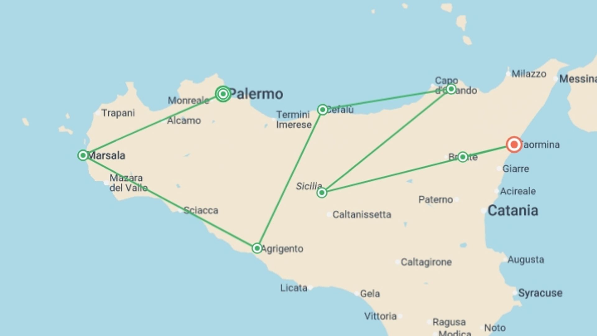 A map showing the tour itinerary for the trip: Sicily and Its Isles , starting in Palermo, Italy and ending in Taormina, Italy going through 5 other destinations.