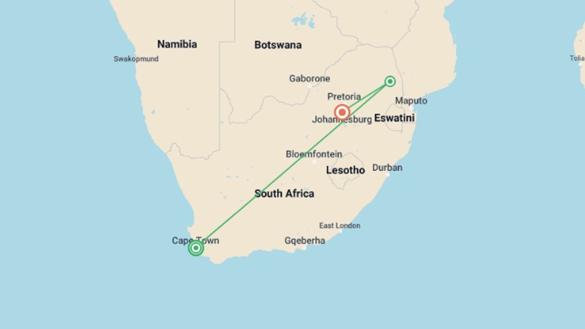 A map showing the tour itinerary for the trip: 7 Day Cape Town & Safari Honeymoon, starting in Cape Town, South Africa and ending in Johannesburg, South Africa going through 2 other destinations.