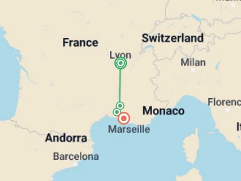 Map of France Local culture Tour with 4 destination visits for the trip: Enchanting Provence Rhone and Saone Cruise