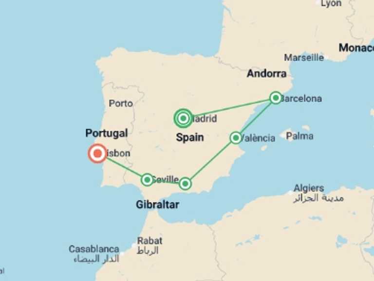 Map itinerary of Mediterranean Tour in October 2026 with 6 destination visits for the trip: Spanish Ring with Lisbon (without Alhambra)