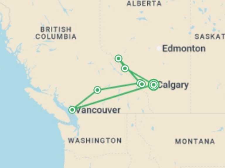 Map of Canada Tour with 3 destination visits for the trip: Canada's Rockies
