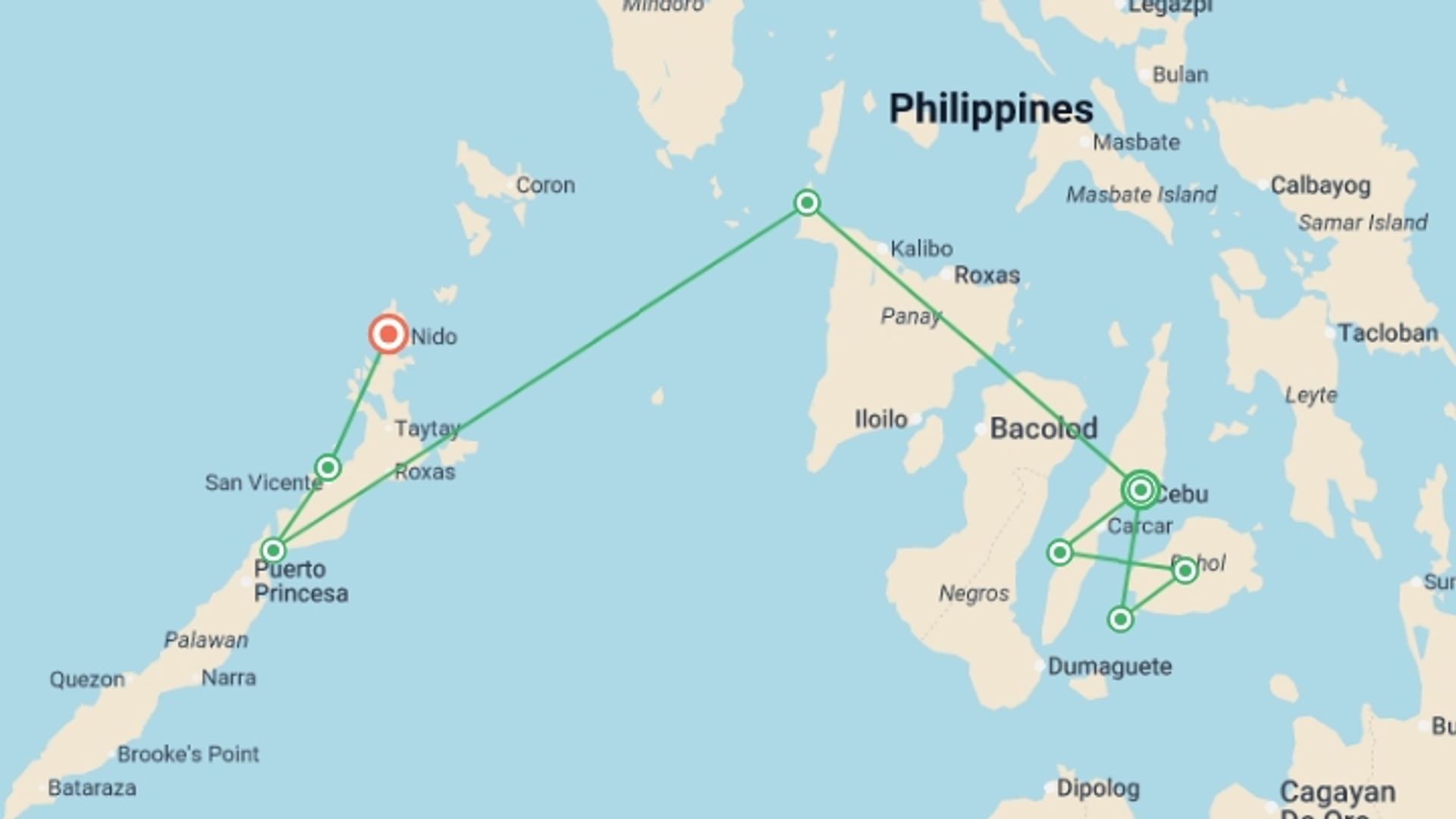 A map showing the tour itinerary for the trip: Ultimate Philippines Island Hopping, starting in Cebu, Philippines and ending in El Nido, Philippines going through 6 other destinations.