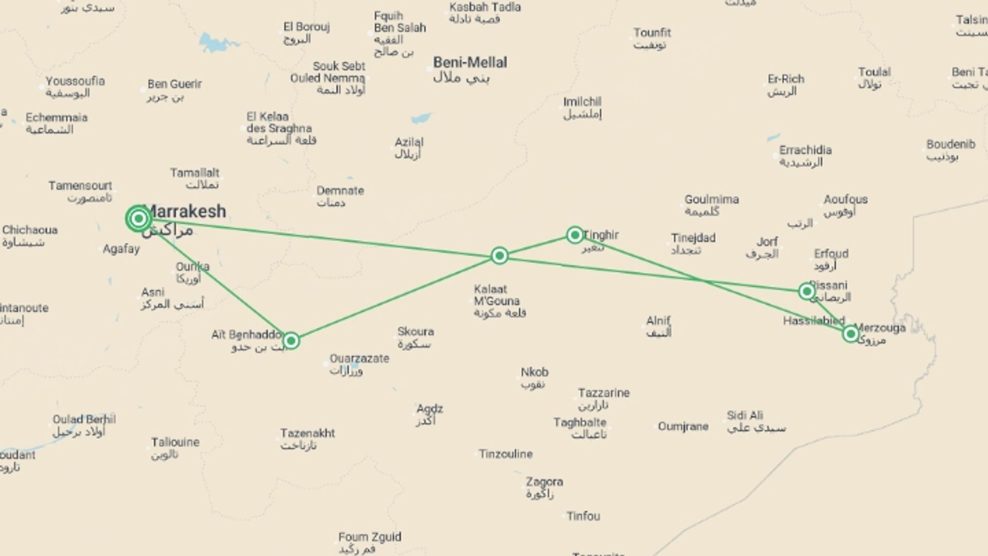 A map showing the tour itinerary for the trip: Merzouga Sand And Dunes, Private Tour, starting in Marrakech, Morocco and ending in Marrakech, Morocco going through 1 other destinations.