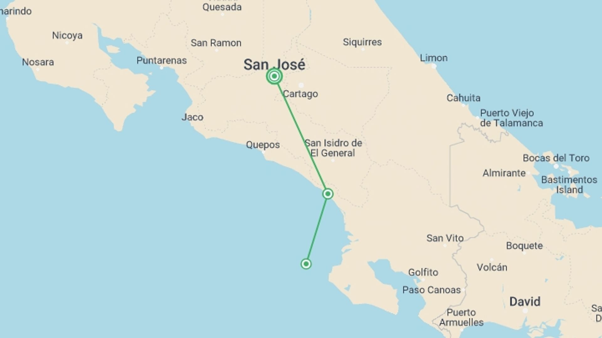 A map showing the tour itinerary for the trip: Uvita Beach, Short Break, starting in San Jose, Costa Rica and ending in San Jose, Costa Rica going through 1 other destinations.