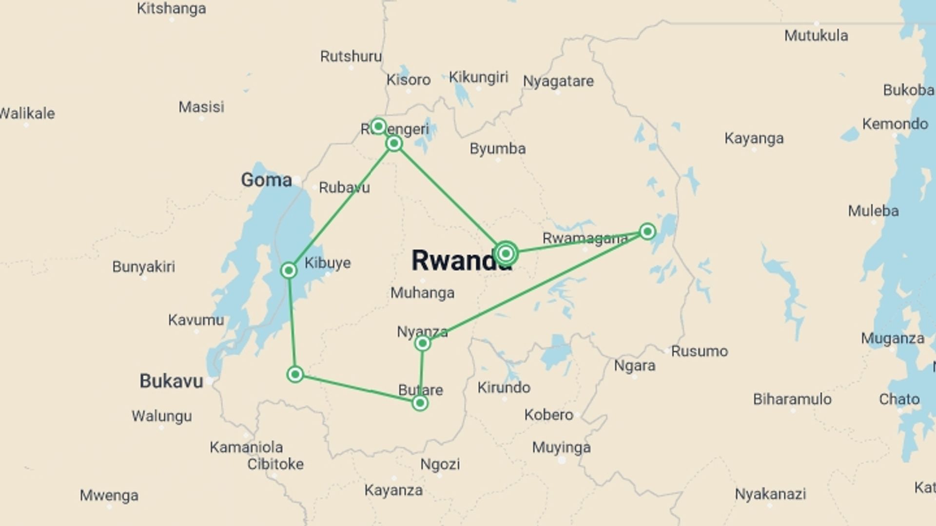 A map showing the tour itinerary for the trip: Roaming Rwanda, Option A (on Request), starting in Kigali, Rwanda and ending in Kigali, Rwanda going through 4 other destinations.