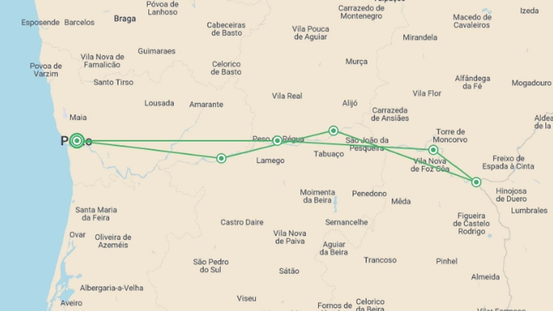 A map showing the tour itinerary for the trip: Picturesque Solo Douro Cruise, starting in Porto, Portugal and ending in Porto going through 1 other destinations.