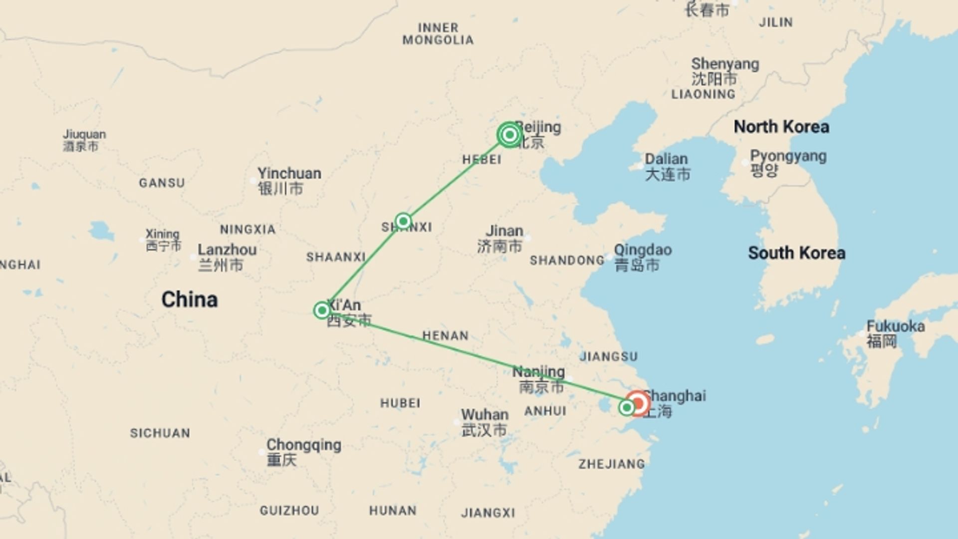 A map showing the tour itinerary for the trip: Beijing, Xi'an & Shanghai - 10 days, starting in Beijing, China and ending in Shanghai, China going through 2 other destinations.