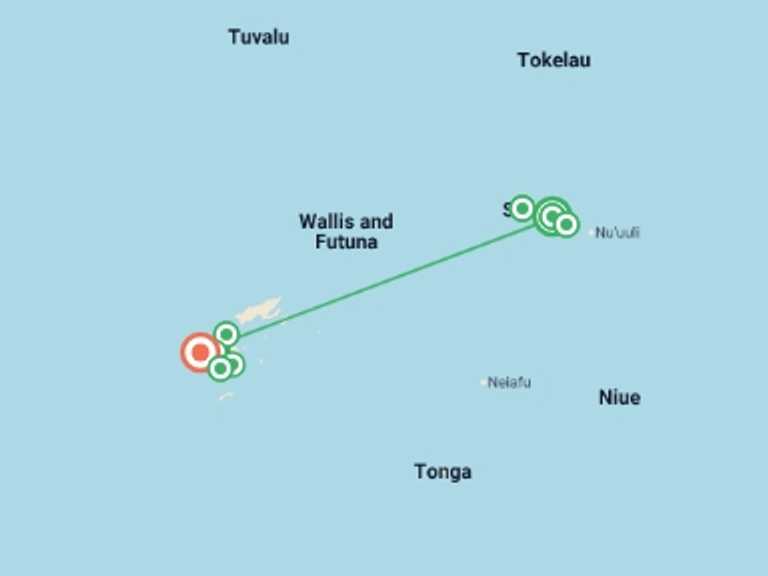 Map itinerary of Oceania Tour in August 2027 with 8 destination visits for the trip: Samoa & Fiji Adventure