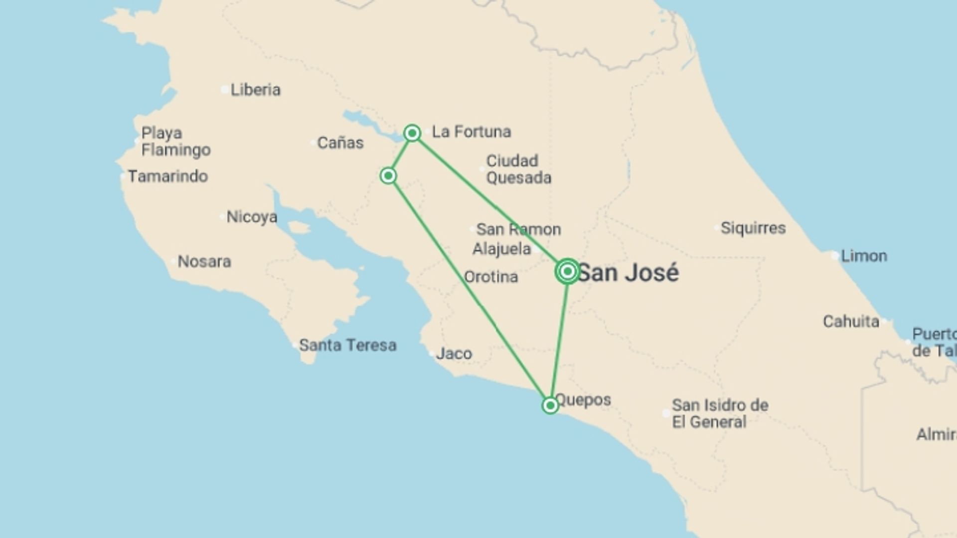 A map showing the tour itinerary for the trip: Treasures Of Costa Rica, starting in San Jose, Costa Rica and ending in San Jose, Costa Rica going through 4 other destinations.