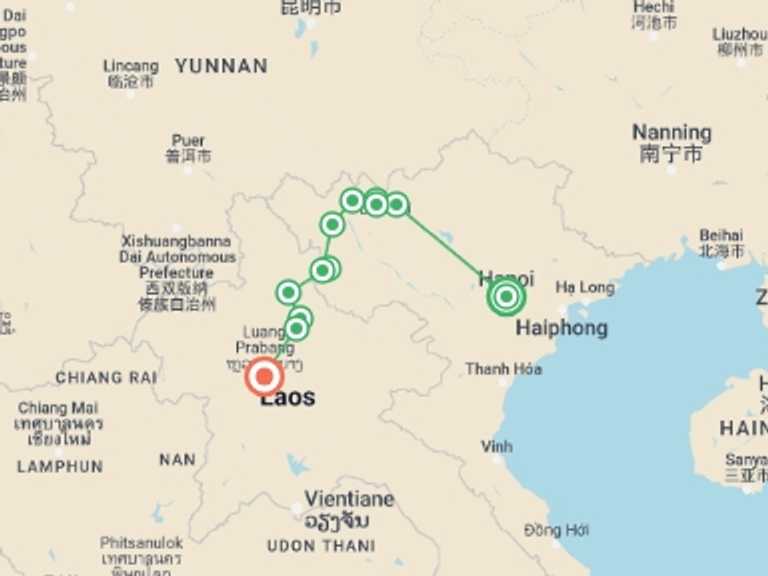 Map of Hanoi Bicycle Tour with 12 destination visits for the trip: Biking Hanoi to Luang Prabang