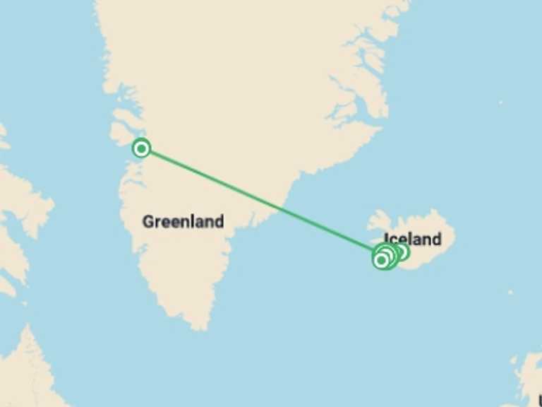 Map of Greenland Tour with 3 destination visits for the trip: Iceland & Greenland Explorer (4 Star) - 8 days