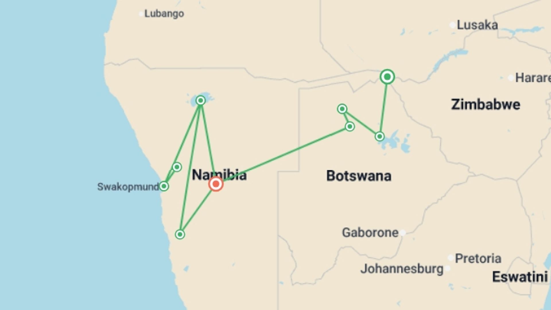 A map showing the tour itinerary for the trip: Okavango Delta and Deserts, starting in Kasane, Botswana and ending in Windhoek, Namibia going through 6 other destinations.