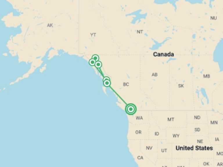 Map of 9-Day Canada Tour with 6 destination visits for the trip: Alaska's Inside Passage Cruise featuring a 7-night Holland America Cruise