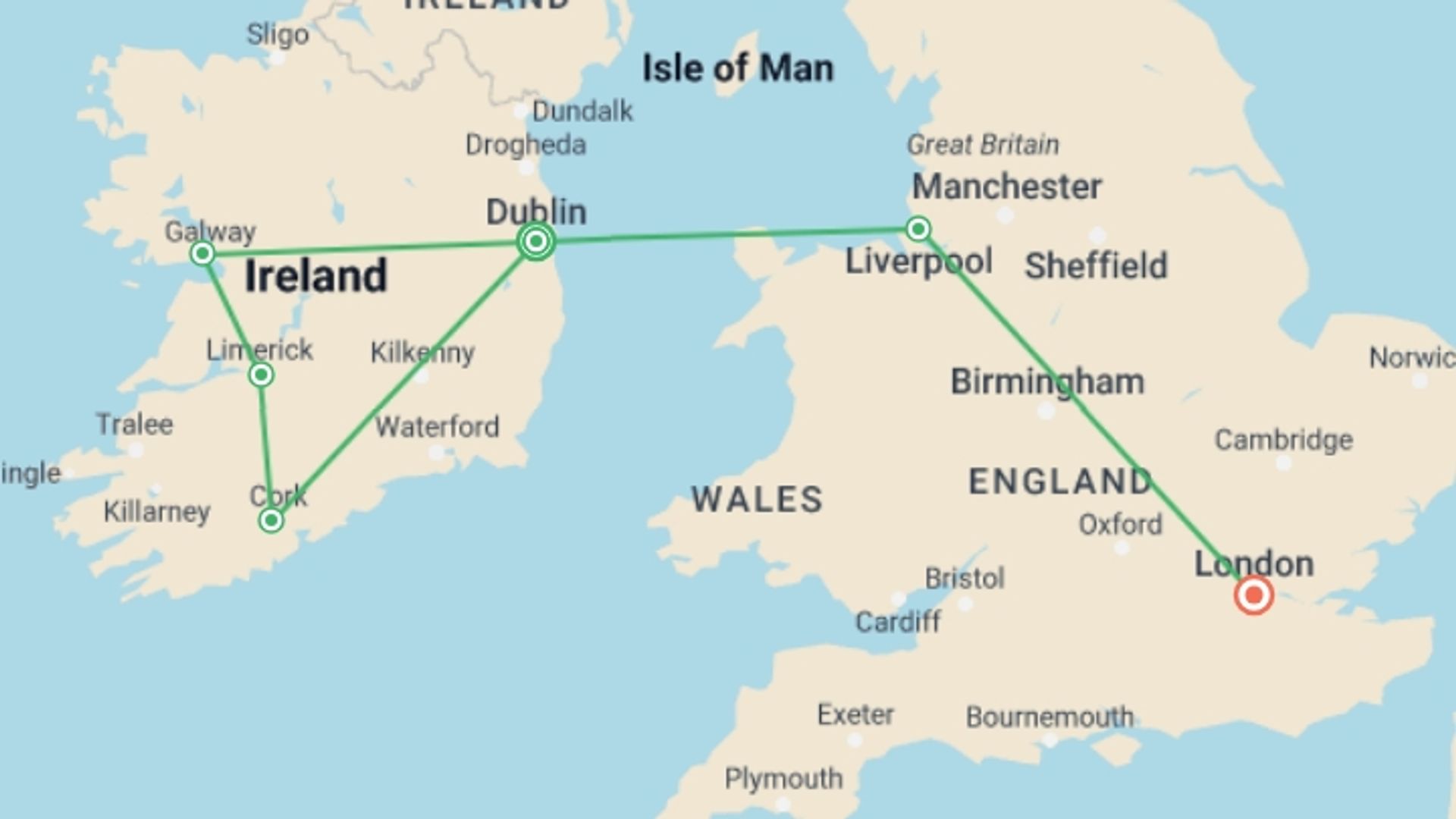 A map showing the tour itinerary for the trip: Highlights of Ireland with London, starting in Dublin, Ireland and ending in London, England going through 4 other destinations.