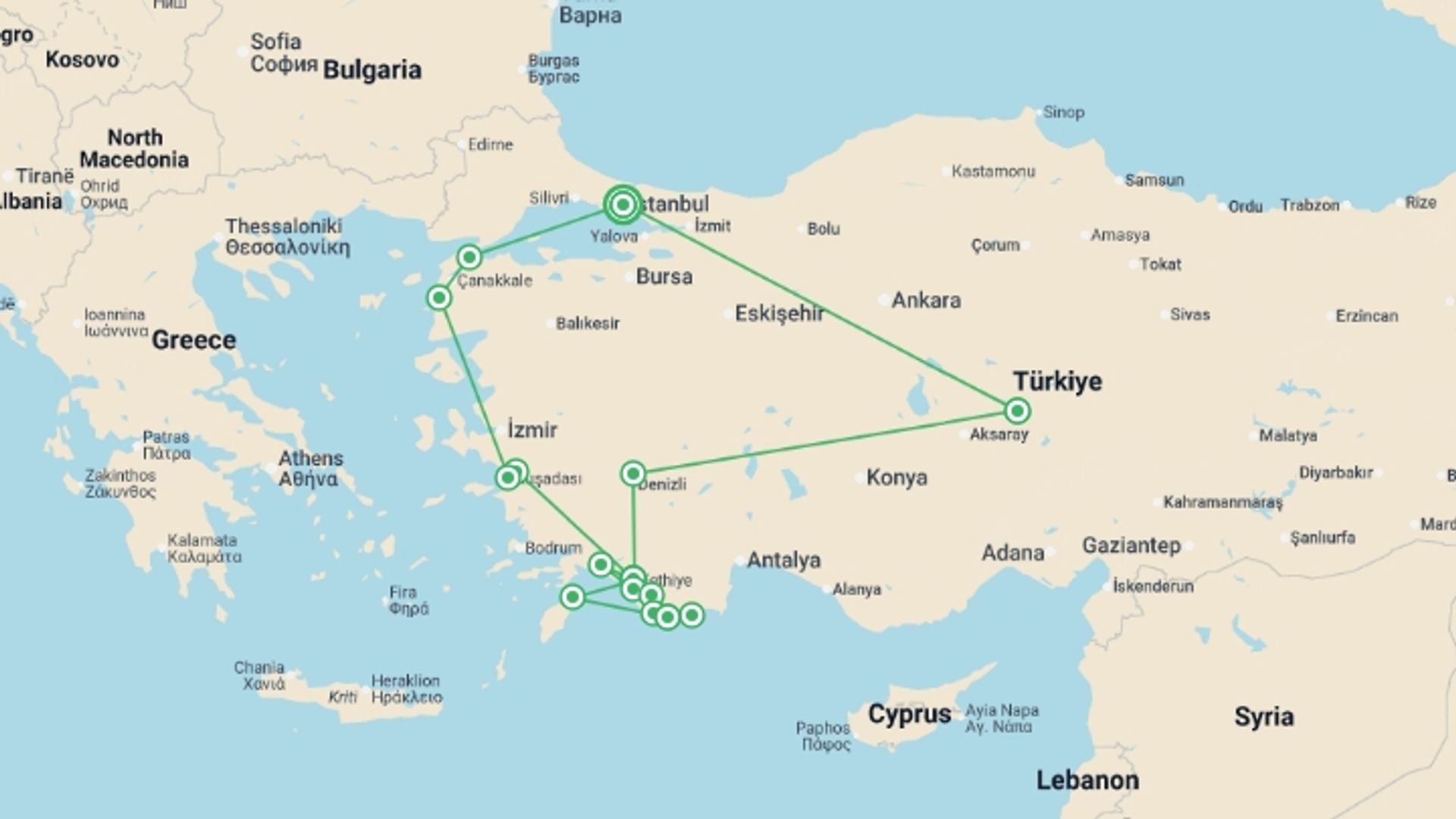 A map showing the tour itinerary for the trip: All About Turkey (5 & 4 Star Hotels), starting in Istanbul, Turkey and ending in Istanbul, Turkey going through 10 other destinations.