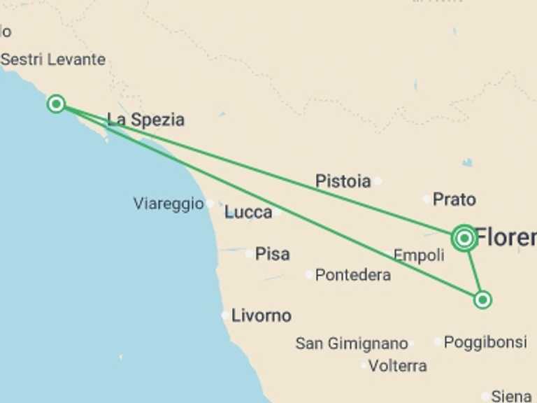 Map itinerary of Mediterranean Tour in July 2026 with 3 destination visits for the trip: Tuscany to Cinque Terre: Wines, Villages & Unforgettable Walks