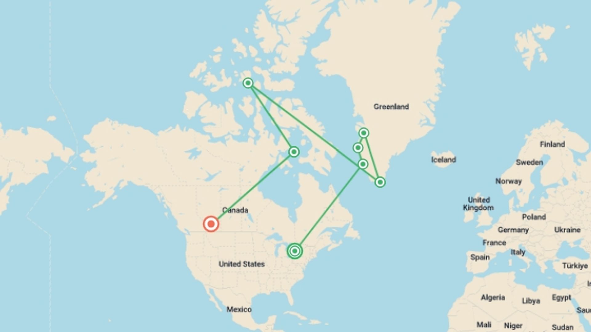 A map showing the tour itinerary for the trip: The Northwest Passage - M/V Greg Mortimer, starting in Toronto, Canada and ending in Calgary, Canada going through 7 other destinations.