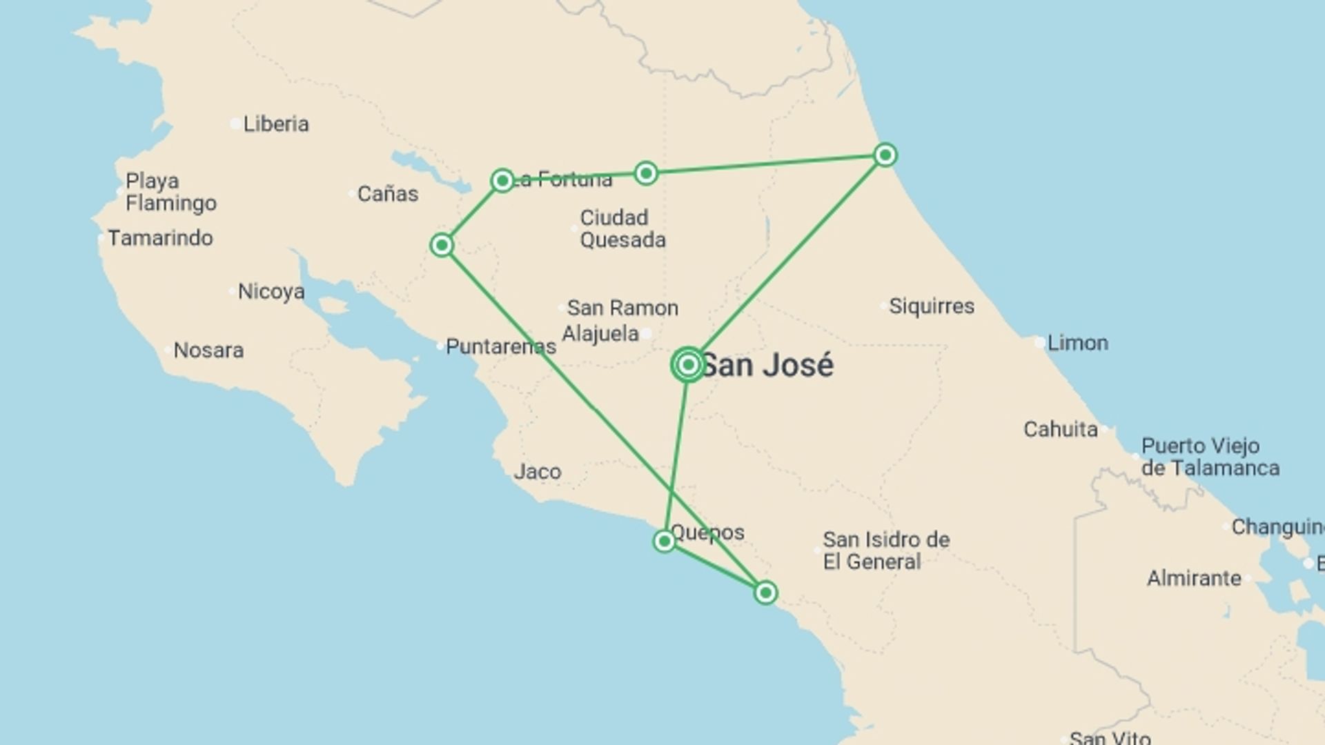 A map showing the tour itinerary for the trip: Best of Costa Rica Family Holiday, starting in San Jose, Costa Rica and ending in San Jose, Costa Rica going through 6 other destinations.
